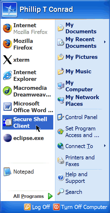 Selecting SSH Secure File Transfer from Windows Desktop