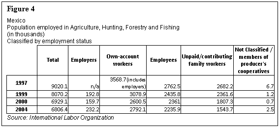 Text Box: Figure 4  Mexico  Population employed in Agriculture, Hunting, Forestry and Fishing  (in thousands)  Classified by employment status   	Total	Employers	Own-account workers	Employees	Unpaid/contributing family workers	Not Classified / members of producer's cooperatives  1997	9020.1	n/a	3568.7(includes employers)	2762.5	2682.2	6.7  1999	8070.2	192.8	3078.9	2435.8	2361.6	1.2  2000	6929.1	159.7	2600.5	2361	1807.3	0.7  2004	6806.4	232.2	2792.1	2235.9	1543.7	2.5  Source: International Labor Organization