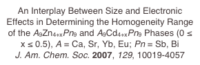 An Interplay Between Size and Electronic Effects in Determining the Homogeneity Range of the A9Zn4+xPn9 and A9Cd4+xPn9 Phases (0 ≤ x ≤ 0.5), A = Ca, Sr, Yb, Eu; Pn = Sb, Bi
J. Am. Chem. Soc. 2007, 129, 10019-4057