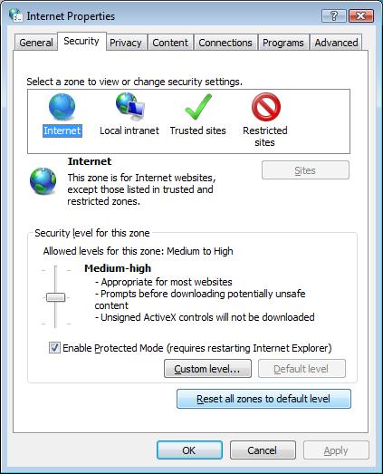 Reset Internet Explorer Vista