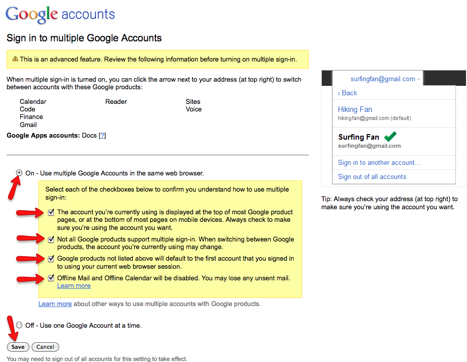 Screen Shot: turning on multiple Google accounts