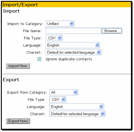 Import/Export screen