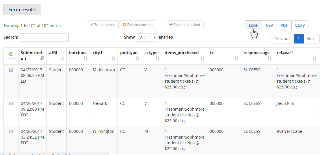 The Excel button is highlighted next to the CSV, PDF, and Copy buttons.