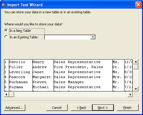 Import text wizard screenshot from MS Access