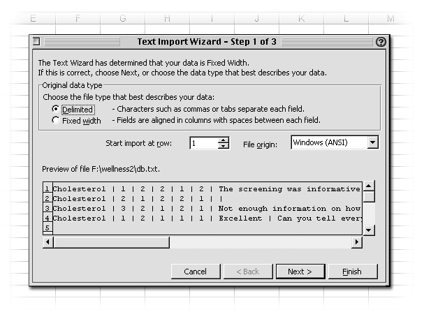 Excel Text Import Wizard - Step 1 of 3