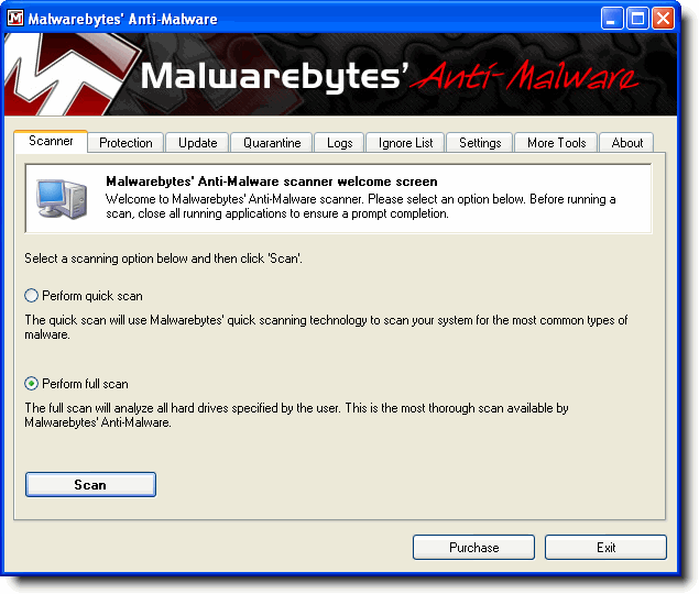 Malwarebytes' main menu screen