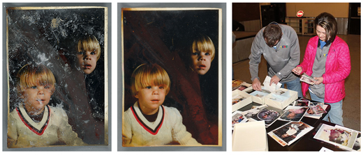 Before and After photos of Ricky Harris as a child and the Harris family looking at the restored photos for the first time