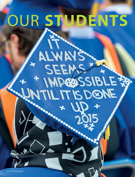 Student title page-image of student's mortar board with words: it always seems impossible until it is done. UD 2015