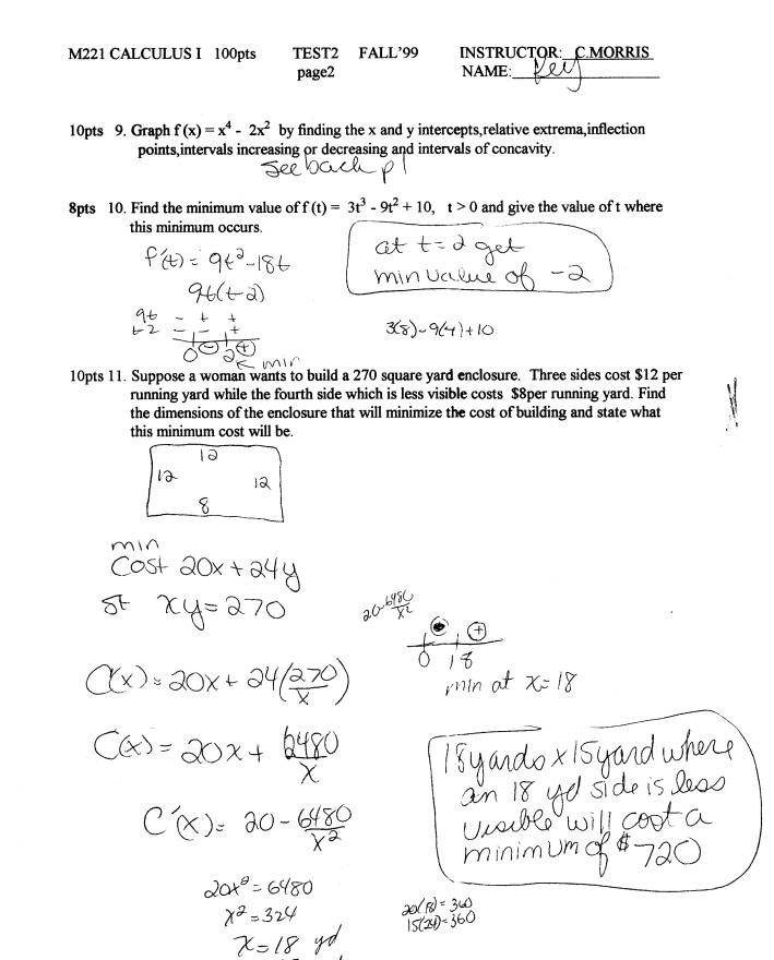 Math221 Key for Test 2 Fall 1999