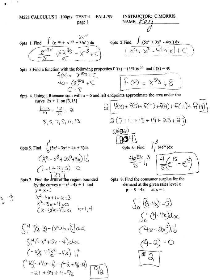 Math221 Key for Test 4 Fall 1999