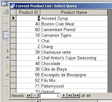 current product list query result