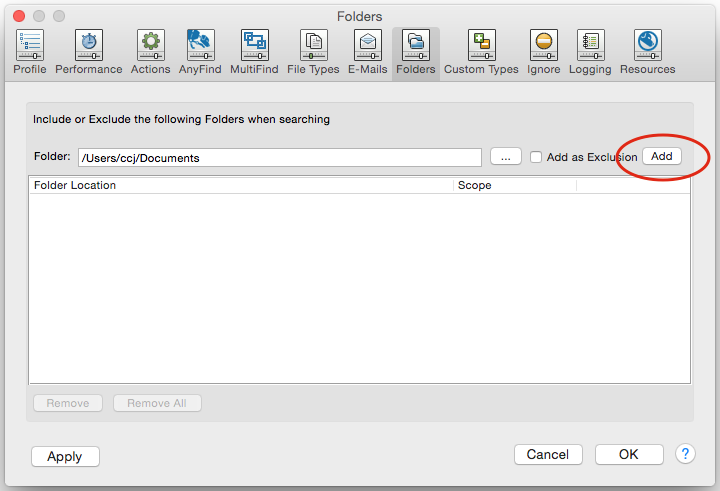 Folders dialogue with Add button available