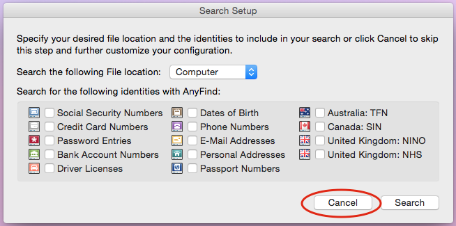 Search setup dialogue with Cancel button available