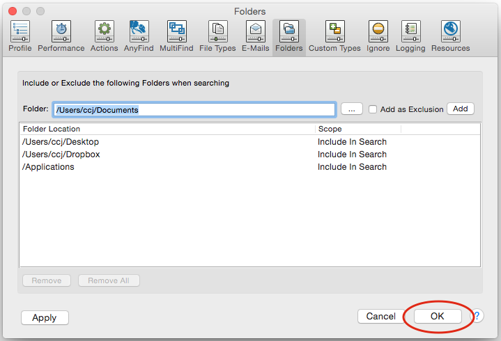 Folders dialogue with OK button available.