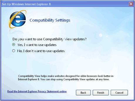 IE compatibility settings screen
