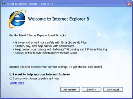 IE welcome screen