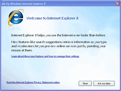 IE welcome screen