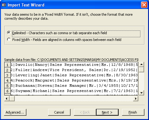 Import text wizard screenshot from MS Access