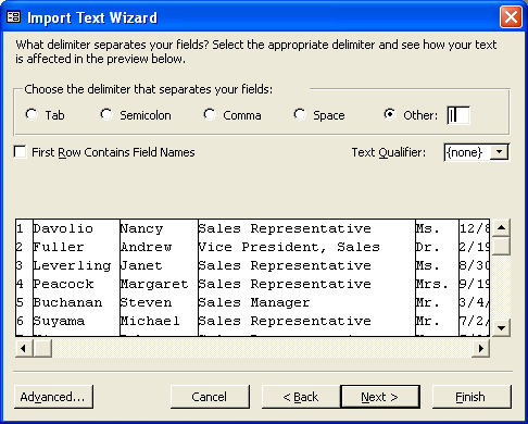 Import text wizard screenshot from MS Access