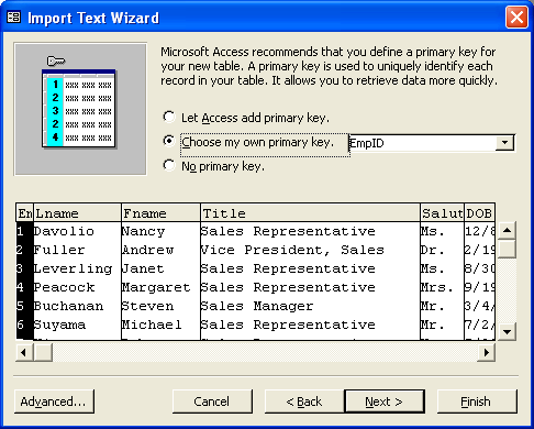 Import text wizard screenshot from MS Access