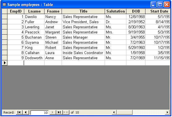 Table screenshot from MS Access
