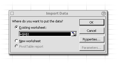 Excel Import Data window