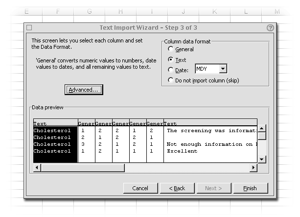 Excel Text Import Wizard - Step 3 of 3