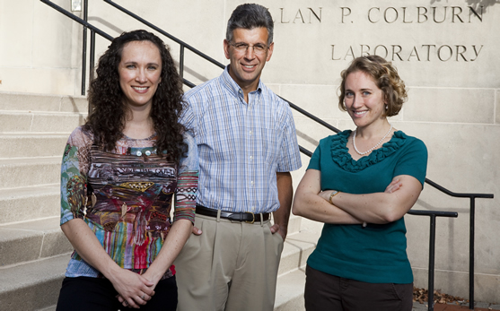 Chemical engineering PhD candidate Maeva tureau with chemical engineering alums Frank Petrocelli and Elizabeth D'Addio