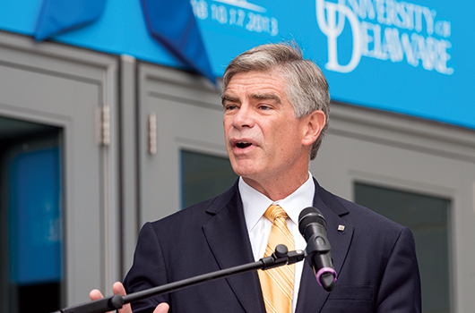 UD President Patrick Harker welcomes the crowd at the ribbon cutting ceremony outside ISE Lab