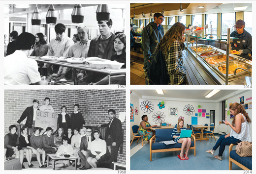 4 photos of Rodney Residence hall from 2014 and from 1967 and 1968