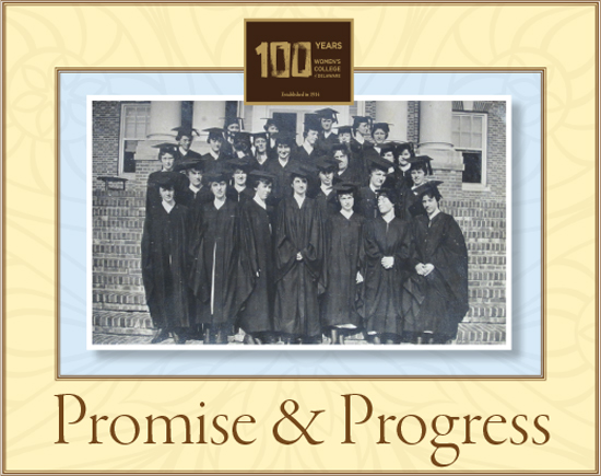 archived photo of first class of women and headline: Promise & Progress