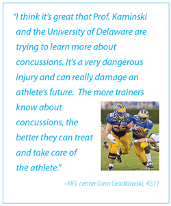 Gradkowski quote: I think it’s great that Prof. Kaminski and the University of Delaware are trying to learn more about concussions. It’s a very dangerous injury and can really damage an athlete’s future. The more trainers know about concussions, the better they can treat and take care of 
the athlete.