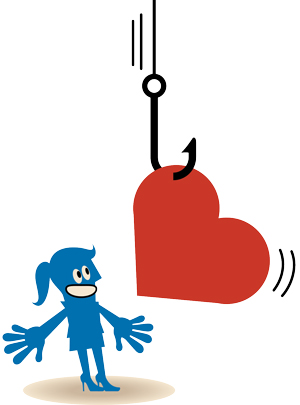 illustration of a person backing away from a heart on a fish hook