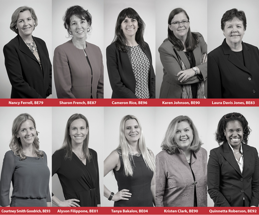 top row, left to right; Nancy Ferrell, BE79,  Sharon French, BE87, Cameron Rice, BE96,  Karen Johnson, BE90,  Laura Davis Jones, BE83. Bottom row, left to right; Courtney Smith Goodrich, BE93, Alyson Filippone, BE01, Tanya Bakalov, BE04, Kristen Clark, BE90, Quinnetta Roberson, BE92