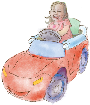 Illustration of a little girl in a go-baby-go car