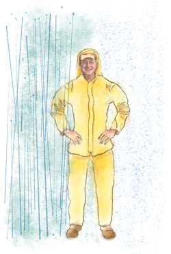 Illustration of a man in a Gore-tex rain suit staying dry in the rain and snow