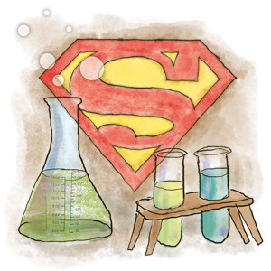 Illustration of super hero emblem behind test tubes