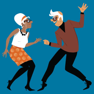 cartoon illustration of seniors dancing