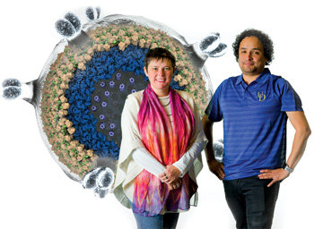 Photo of Tatyana Polenova and Juan Perilla superimposed on top of an image of the virus