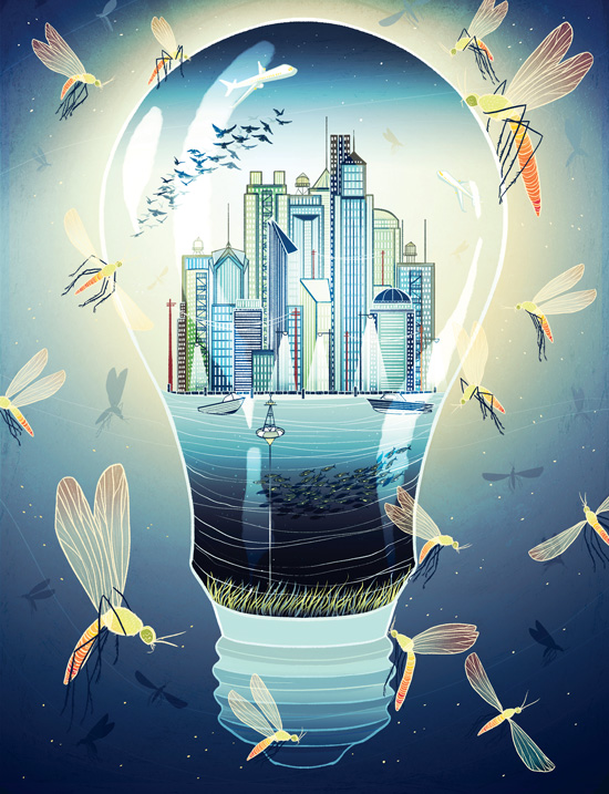Illustration of a lightbulb with a city inside that is keeping out mosquitoes