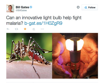 image of tweet from Bill Gates about Longcore's research saying Can an innovative light bulb help fight malaria?