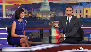 Photo of Kathryn Miles with Trevor Noah